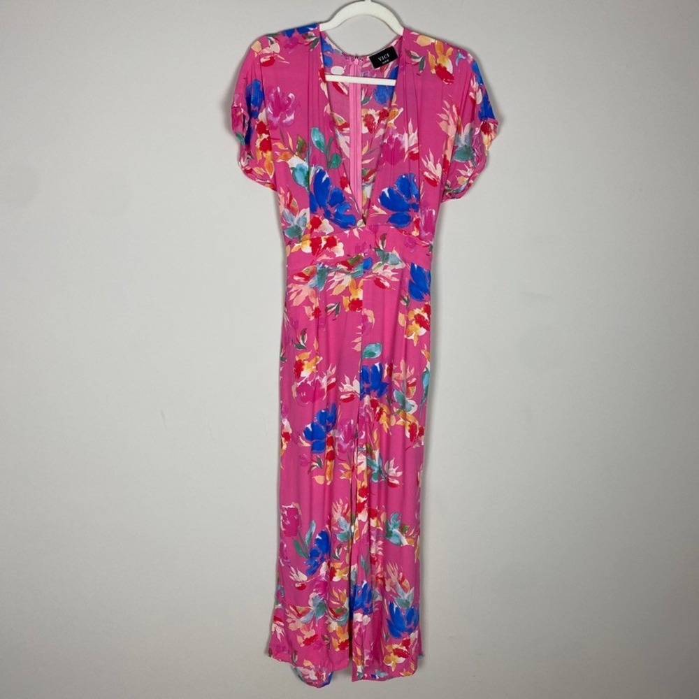 VICI Floral Wide Leg Jumpsuit Fruit Punch Large Tropical Vacation Tie Waist